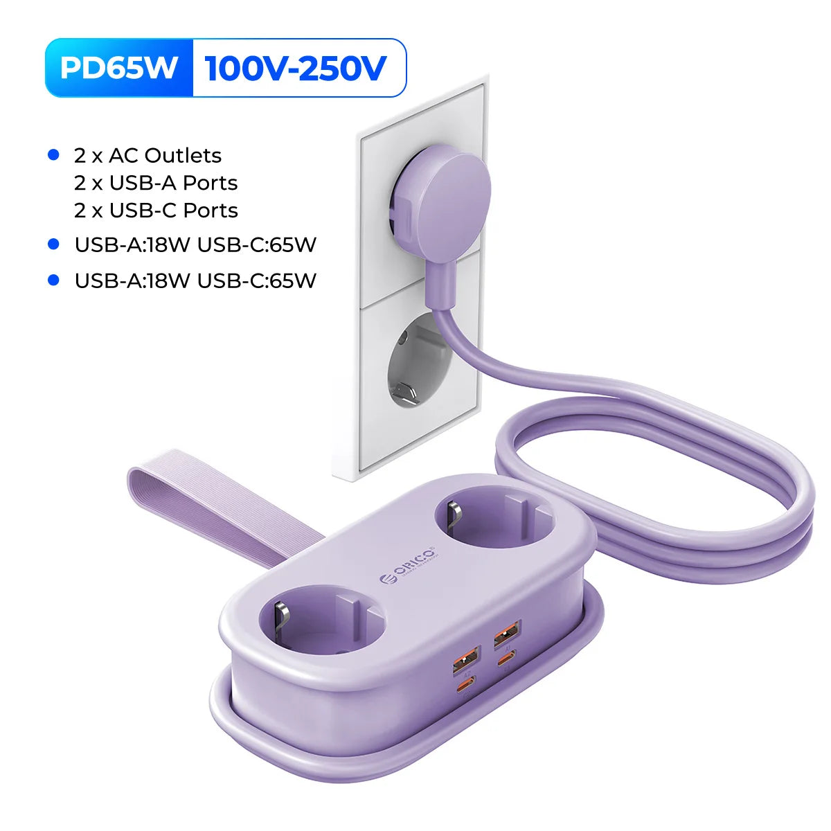 ORICO GaN 65W EU Power Strip | 2 AC + 2 USB-A + 2 USB-C GaN Power Strip PRIMED EU plug Purple EU Plug