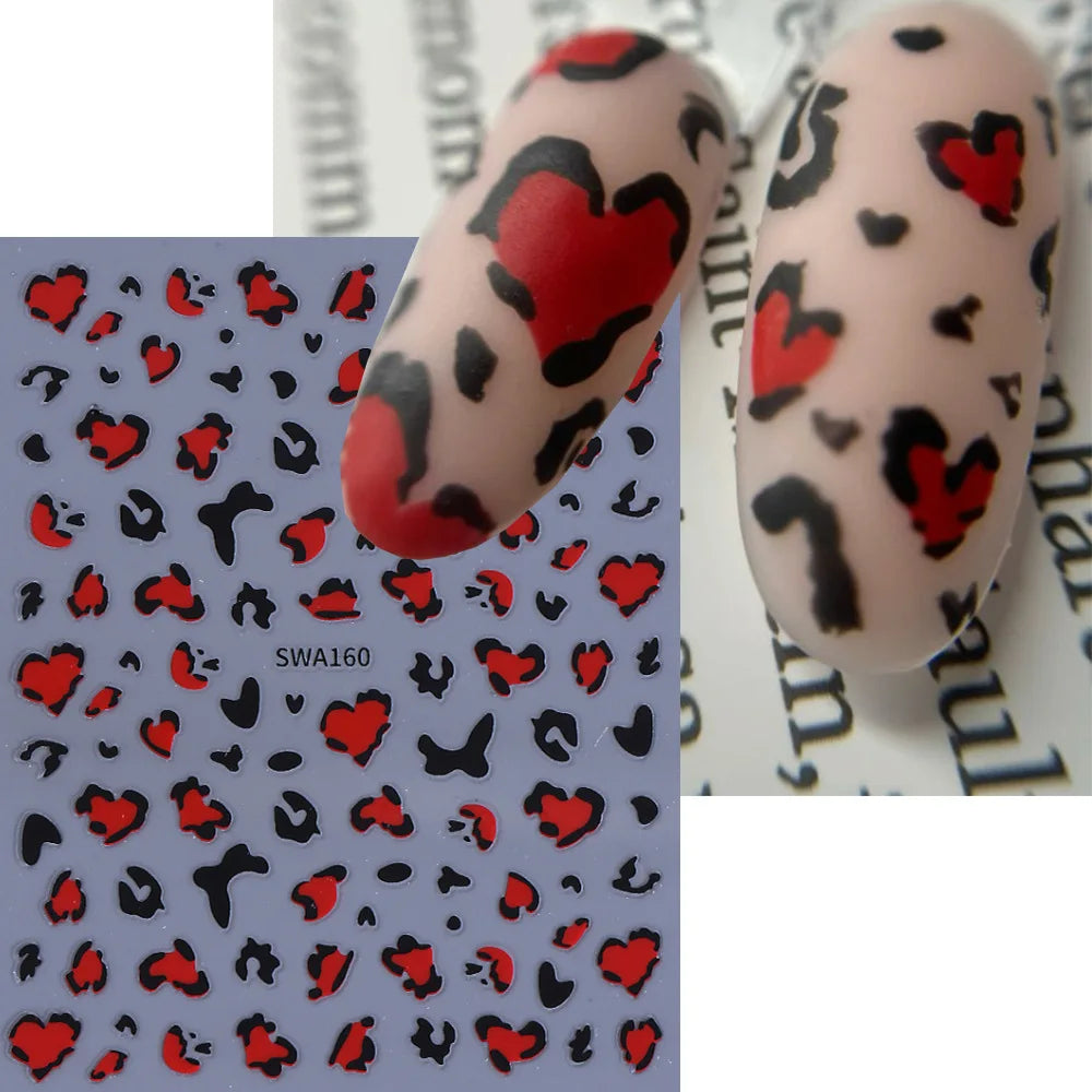 Retro Leopard Heart Glitter Nail Art Stickers | French Design