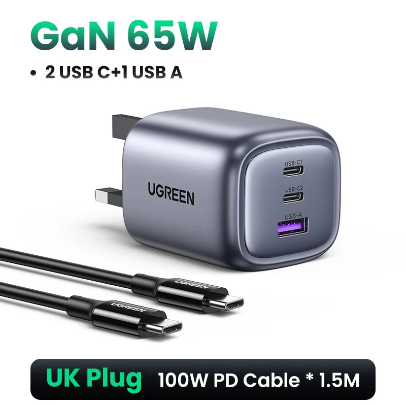 UGREEN 65W GaN 3-Port USB-C PD Fast Charger for Laptop & Phone USB-C Wall Charger PRIMED UK Plug Add Cable China