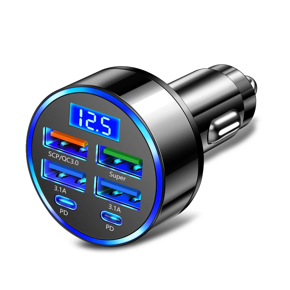 6-Port 120W Car Charger PD QC3.0 USB-C Fast Charging Adapter Car Phone Charger PRIMED 6 Port Car Charger