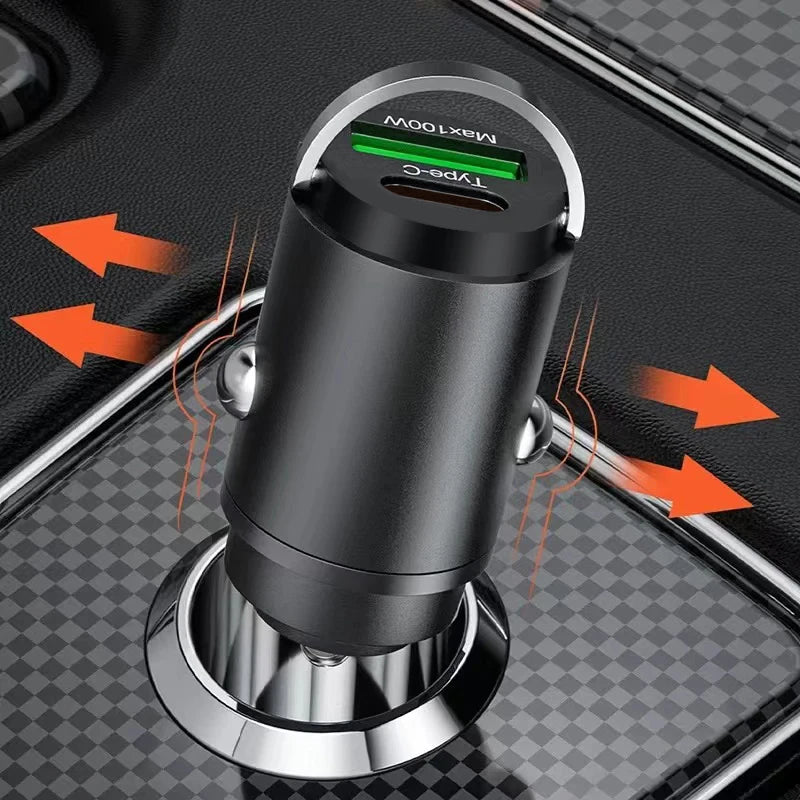 Mini 100W PD QC3.0 Fast Car Charger USB-C + USB-A Adapter Car Charger Adapter PRIMED