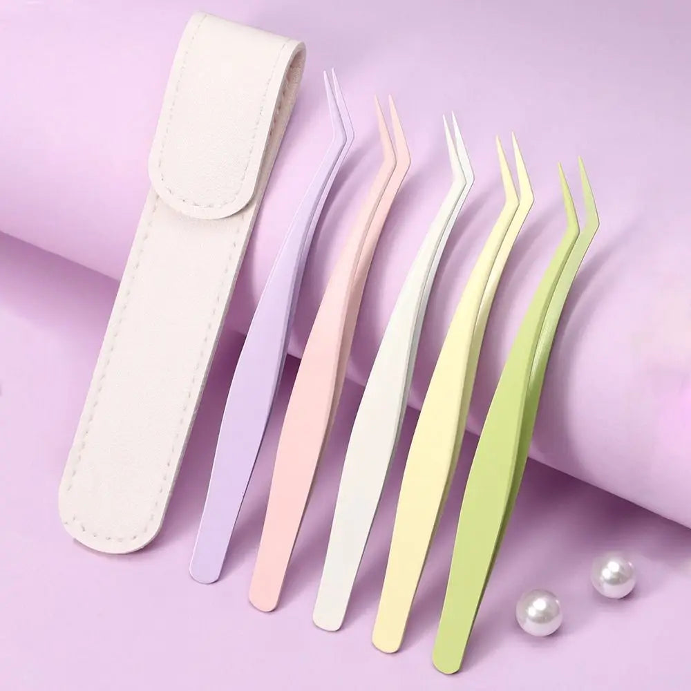 Stainless Steel Eyelash Tweezers Anti-Static + Leather Case