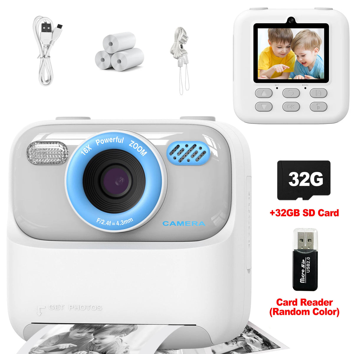 Kids Instant Print Camera 1080P HD | 58mm Thermal, Ages 3–12 Kids Instant Camera PRIMED WH 3Rolls 32G Card