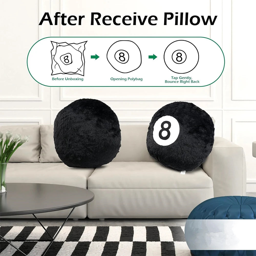 8 Ball Plush Throw Pillow 35cm – Round Billiards Cushion Decorative Throw Pillow PRIMED