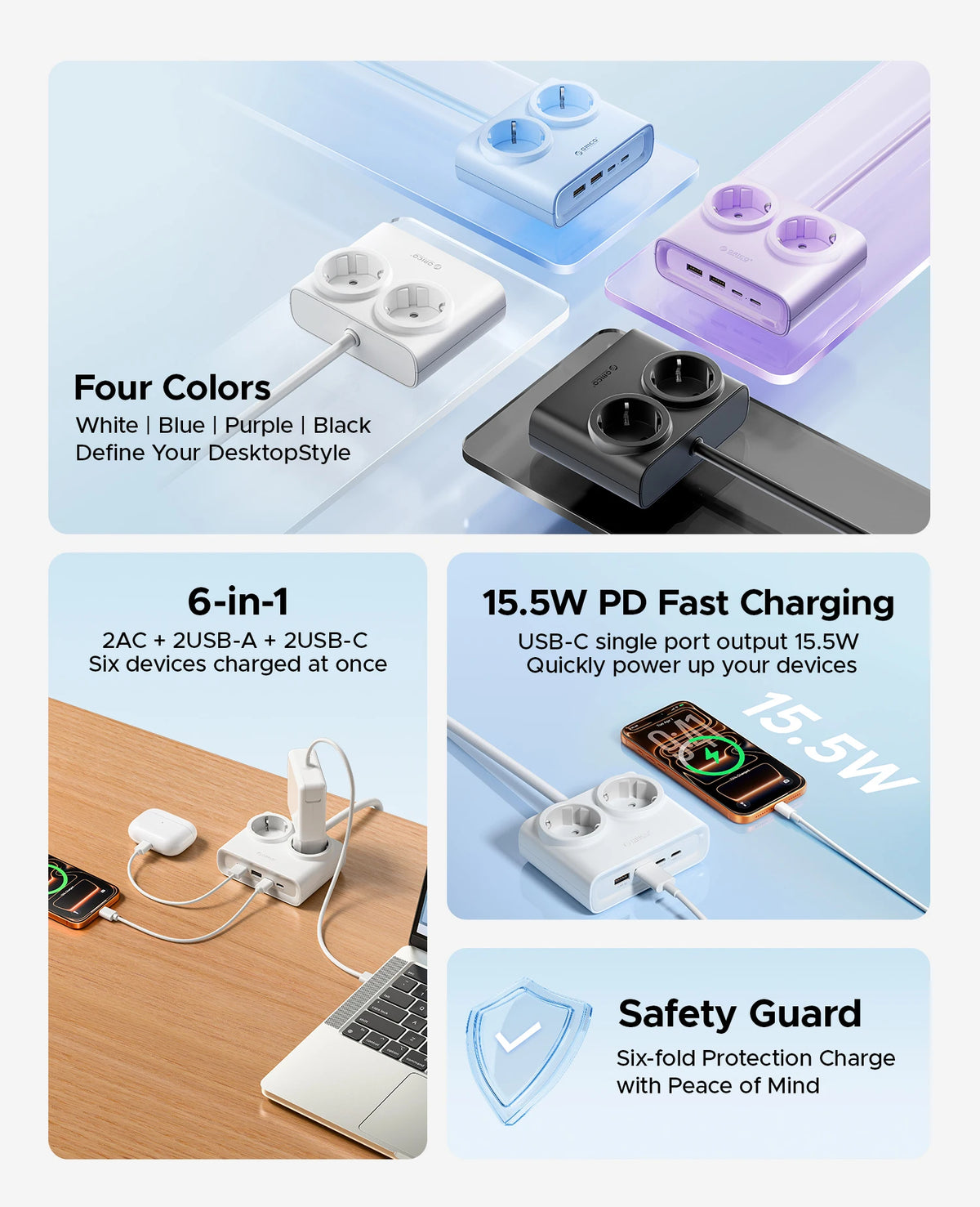 ORICO PD 15W Power Strip 2 USB-C 2 AC 2 USB-A EU Desk Charger Desktop Power Strip PRIMED