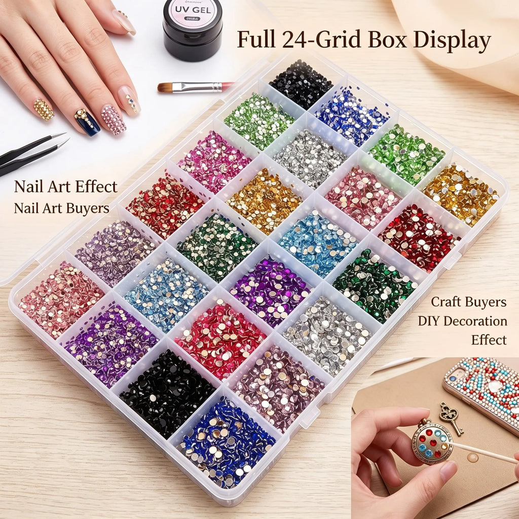 9000Pcs Mixed Nail Rhinestones – 24 Grid Flat Back Gems Set