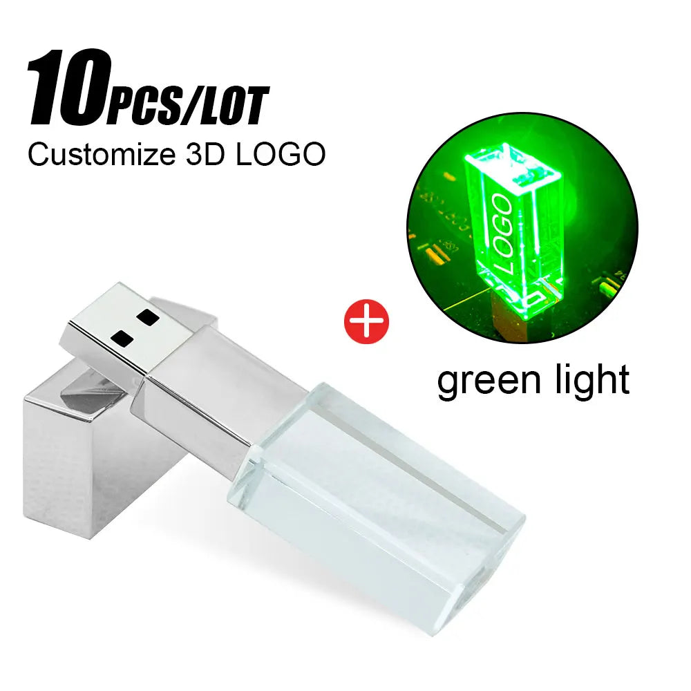 10-Pack Crystal USB 2.0 Flash Drive LED Light 4GB–128GB Logo USB Flash Drive PRIMED 32 GB Silver-Green