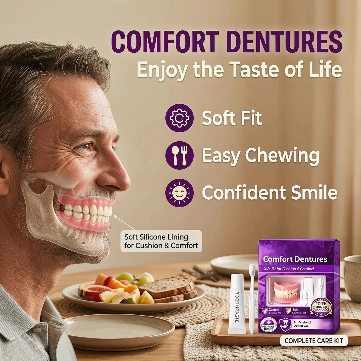 Snap-On Silicone False Teeth | Full Denture Set for Men & Women