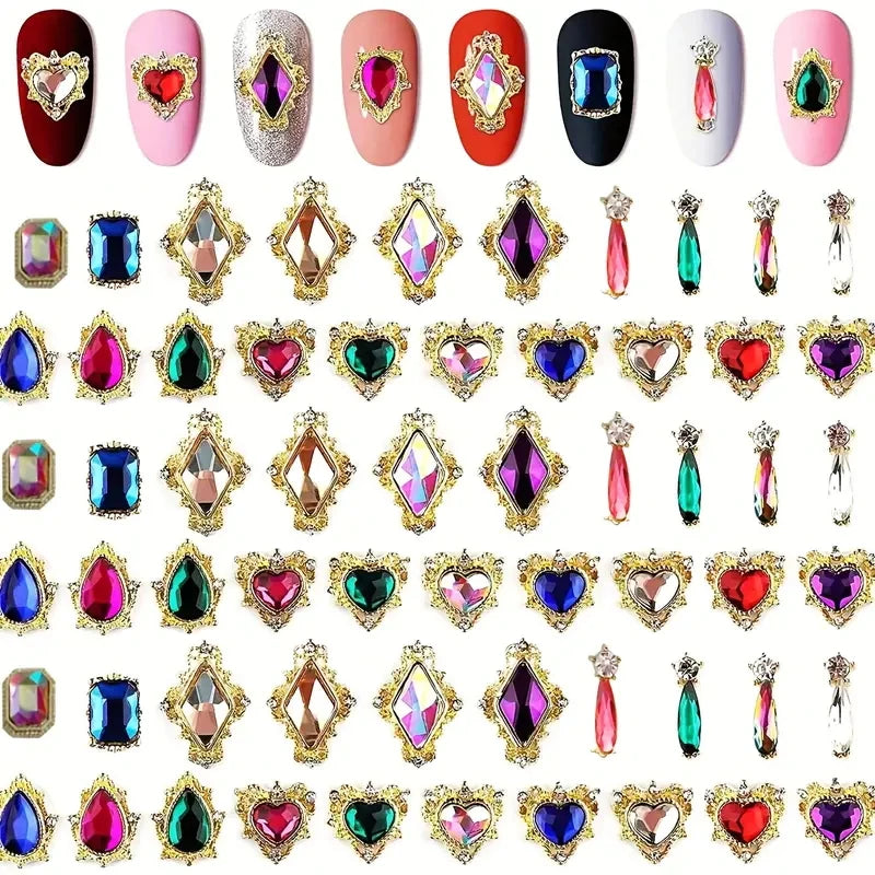60Pcs 3D Crystal Nail Rhinestones Mixed Alloy Gem Charms DIY