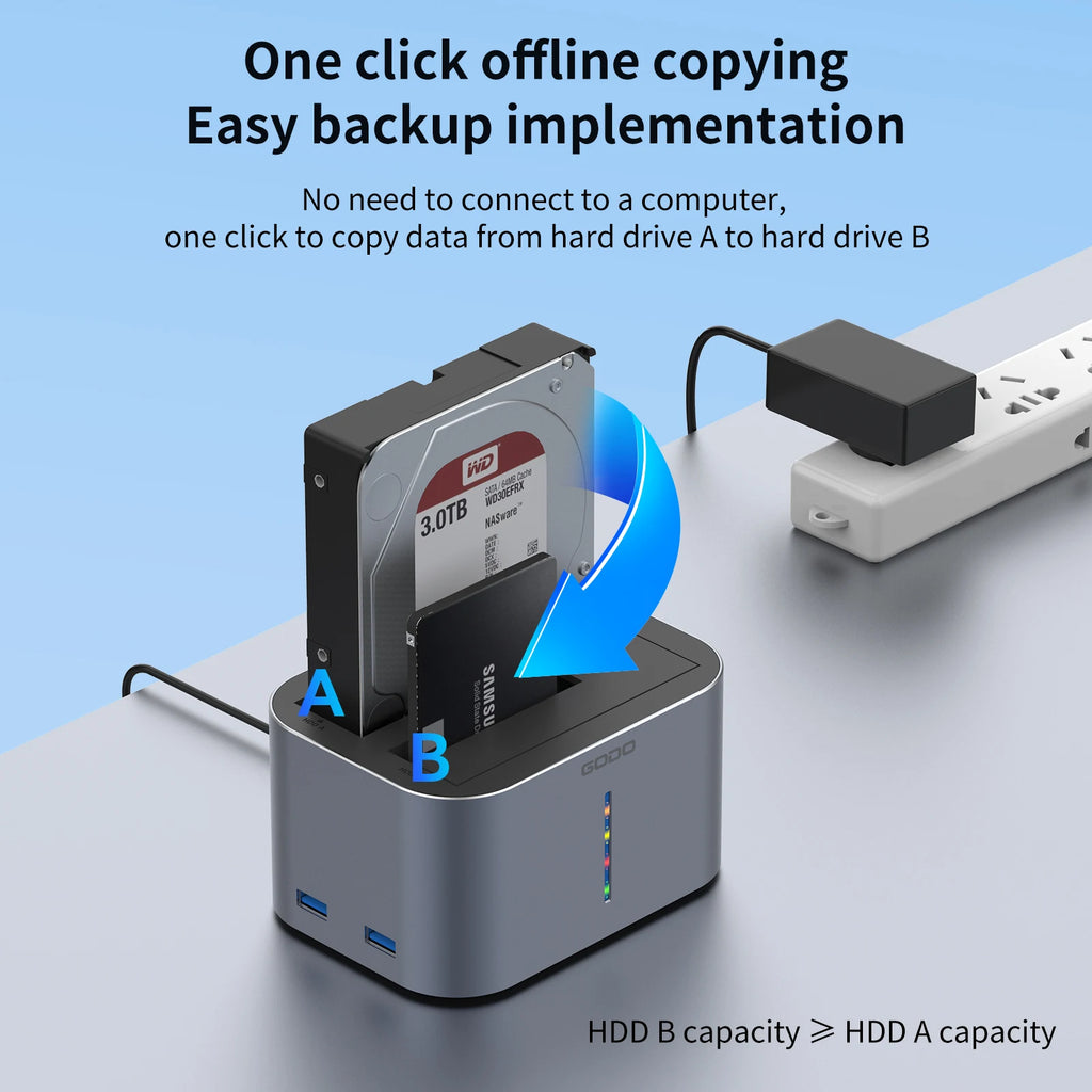 GODO Dual Bay HDD Docking Station SATA USB 3.0 Offline Clone HDD Docking Station PRIMED