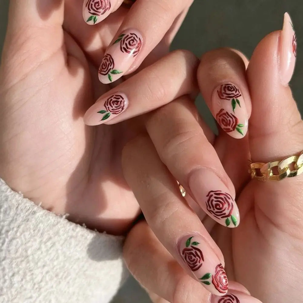 Long Almond Press On Nails Floral Glitter French 24pcs Set