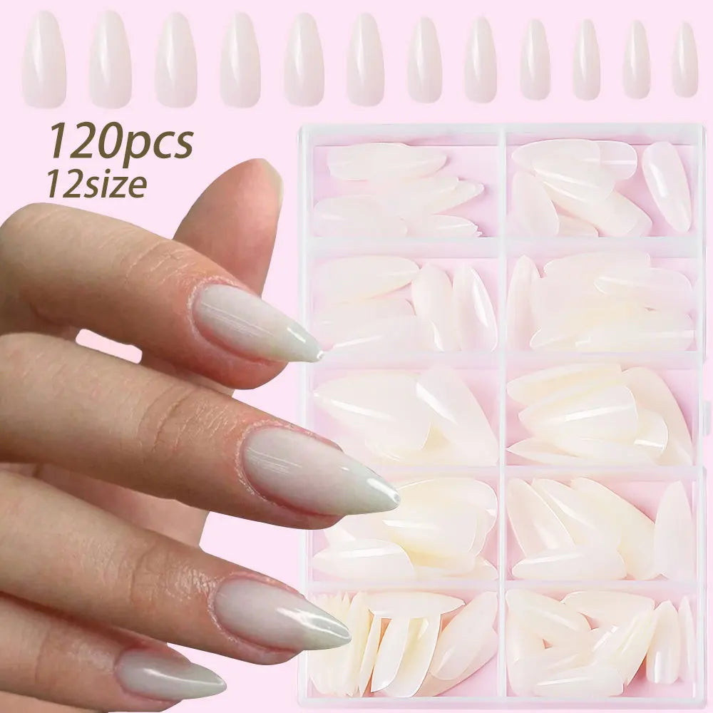 120pcs Glossy French Press On Nails Almond Full Coverage Set
