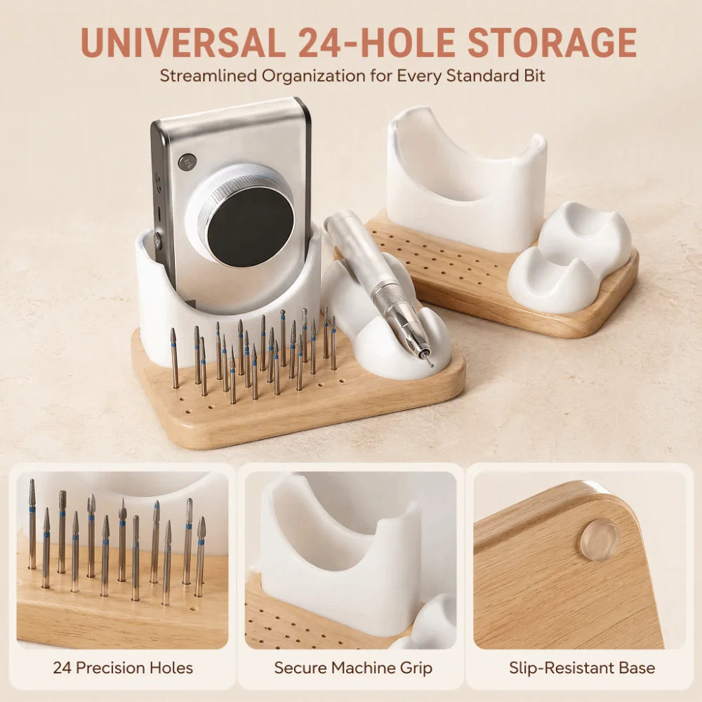 Nail Drill Bit Holder – 24-Hole Wood & Silicone Organizer