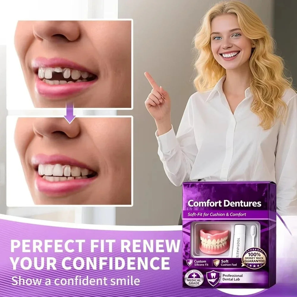 Snap-On Silicone False Teeth | Full Denture Set for Men & Women