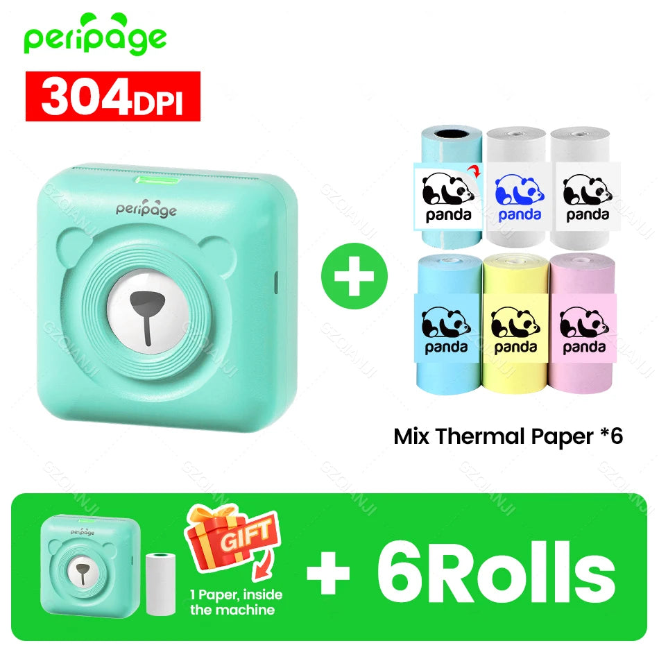 PeriPage A6 304DPI Bluetooth Mini Thermal Photo & Label Printer Mini Thermal Printer PRIMED 304GR add 6Rolls