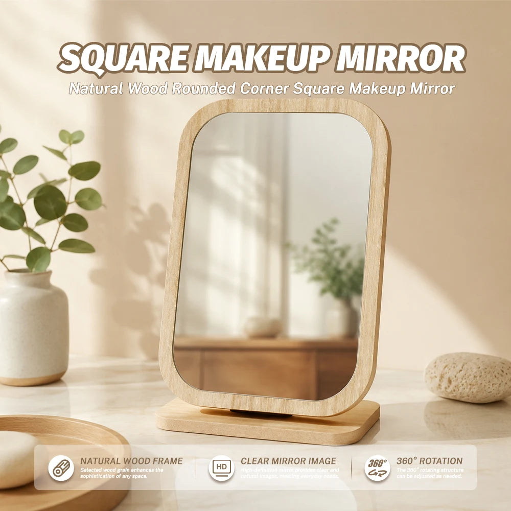 Wooden Vanity Makeup Mirror HD 360° Rotating Folding Desktop
