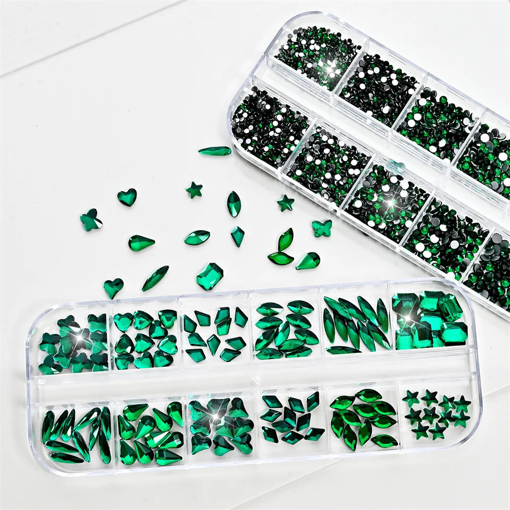 Emerald Green Flatback Nail Crystals – Multi Shape Gem Kit 2-Box Nail Gem Kit PRIMED