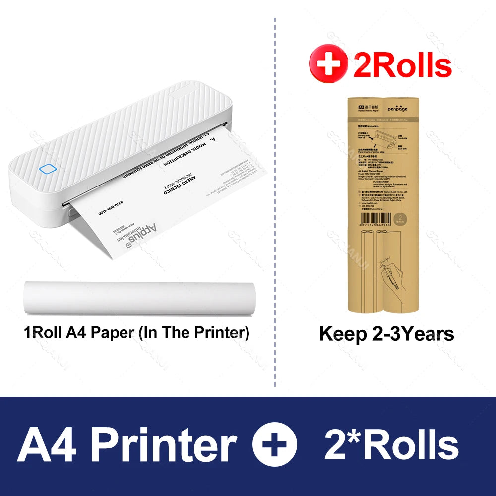 Portable A4 Bluetooth Thermal Printer | Inkless PDF & Doc Thermal Printer PRIMED add 2rolls