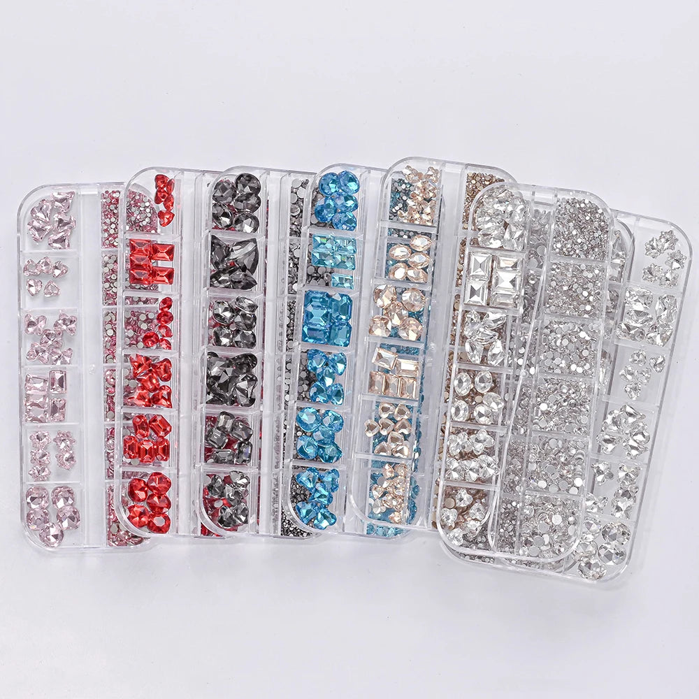 12-Grid Mixed Rhinestone Nail Charms – Crystal Glitter Gems Nail Art Gems PRIMED