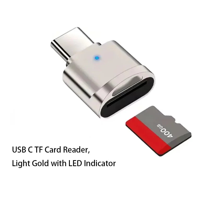 USB-C TF Card Reader with LED Indicator – Plug & Play USB Card Reader PRIMED Light Gold