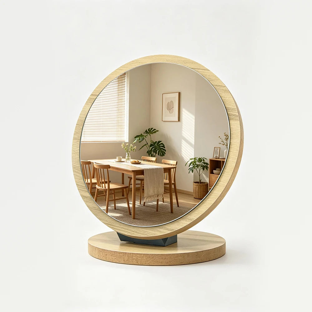 Wooden Vanity Makeup Mirror – 360° Rotating HD Cosmetic Mirror