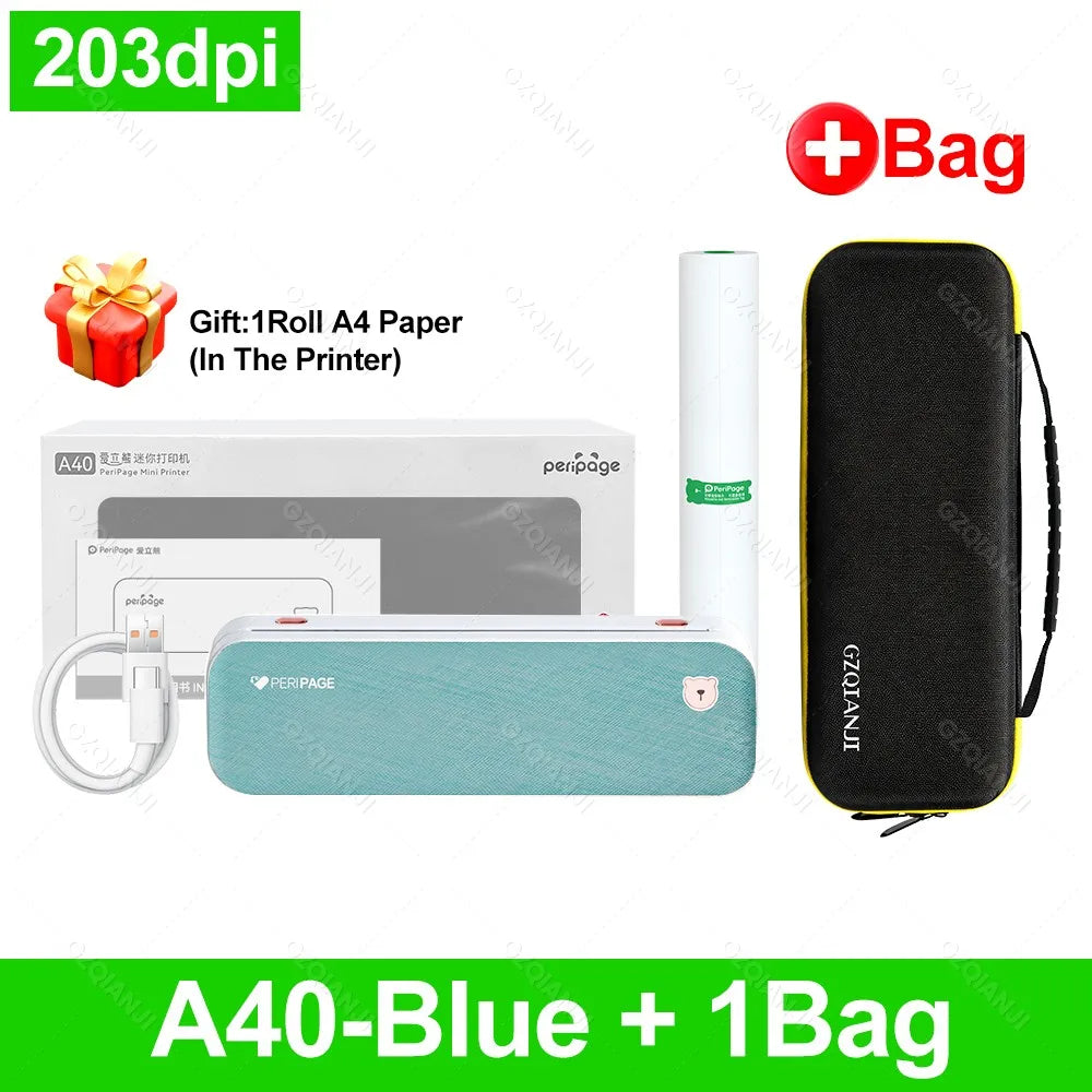 PeriPage A40 Portable Wireless Thermal A4 Printer Bluetooth Portable Thermal Printer PRIMED 203Blue Add 1Bag