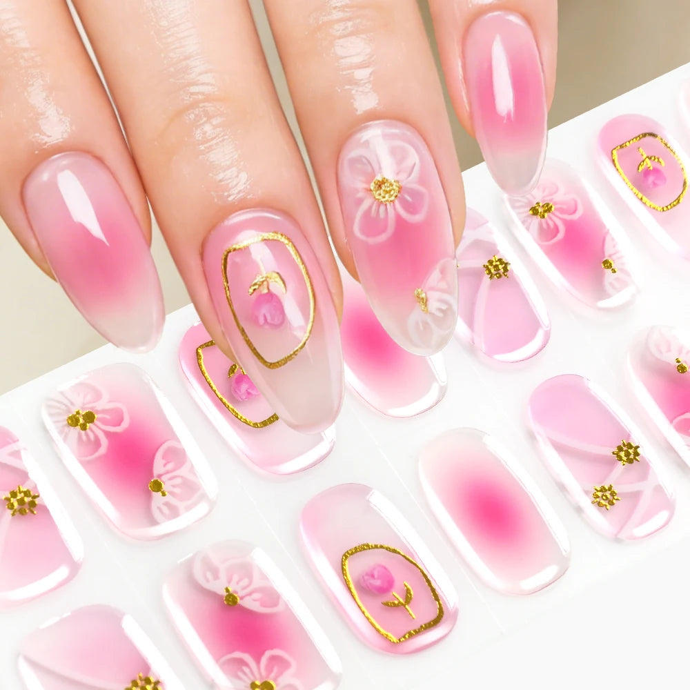 5D Semi-Cured Gel Nail Stickers – Golden Embossed Rabbit Pink Purple Gel Nail Stickers PRIMED 11