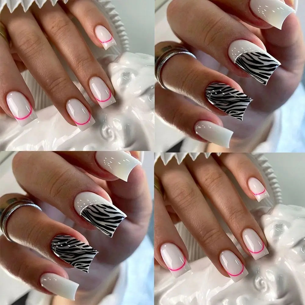 Long Square Press-On Nails – Zebra Stripe French Rose Red