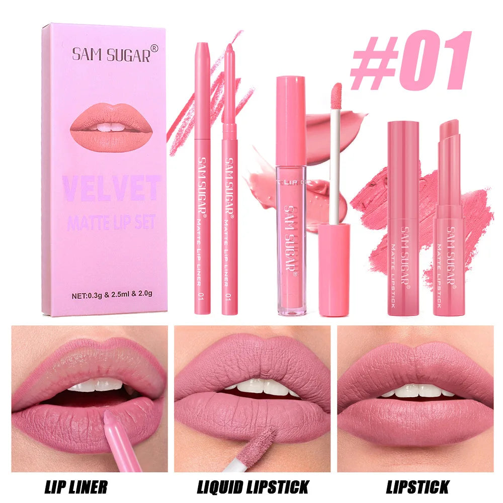 SAM SUGAR 3-in-1 Matte Lip Kit | Long-Lasting Waterproof Set