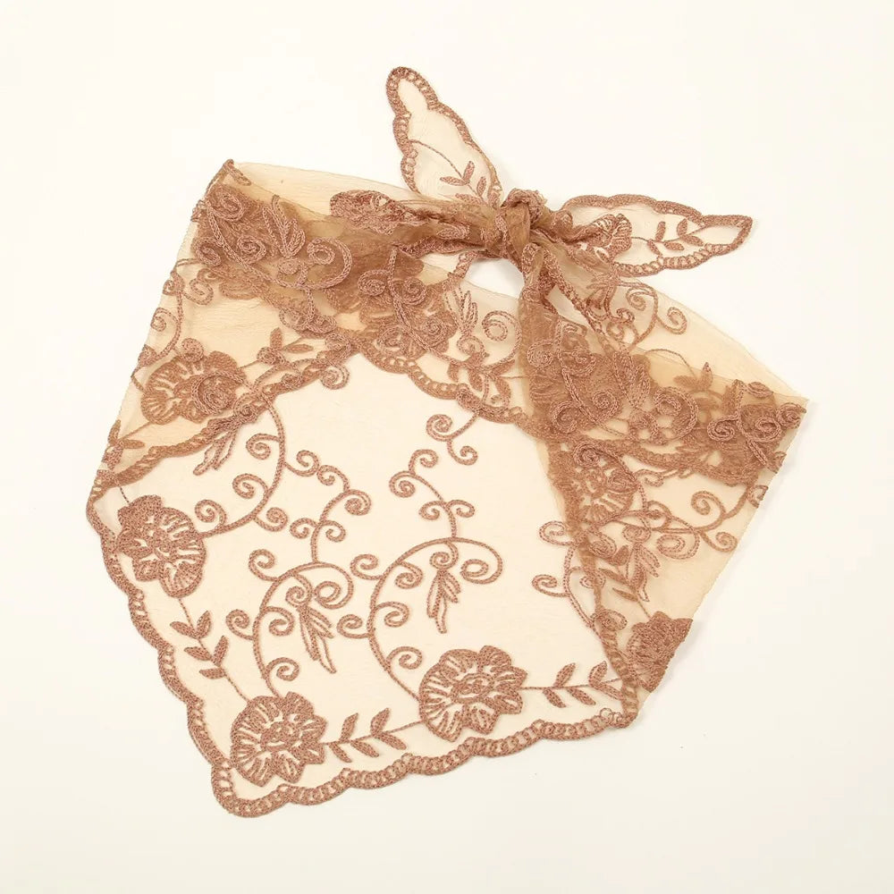 Hollow Lace Hair Scarf Headband – Vintage Triangular Bandana Lace Hair Scarf PRIMED Brown
