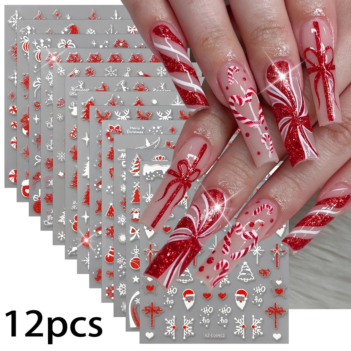 12Pcs Christmas Glitter Nail Art Stickers | Festive Decals Nail Art Stickers PRIMED