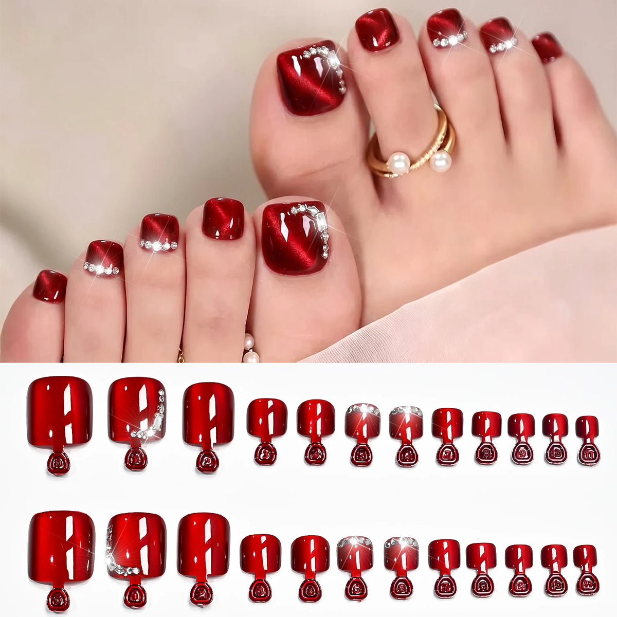 24Pcs Dark Red Cat's Eye Press-On Toenails | Glitter Tips