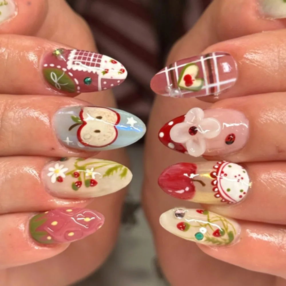 Almond Press-On Nails – French Floral & Fruit Designs 24pc