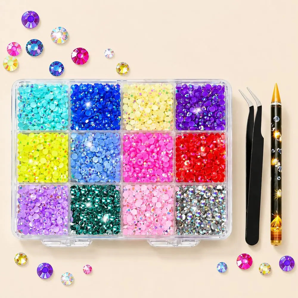 12-Grid Multi-Color Nail Rhinestones Set | Round Acrylic Gems Nail Art Rhinestones PRIMED