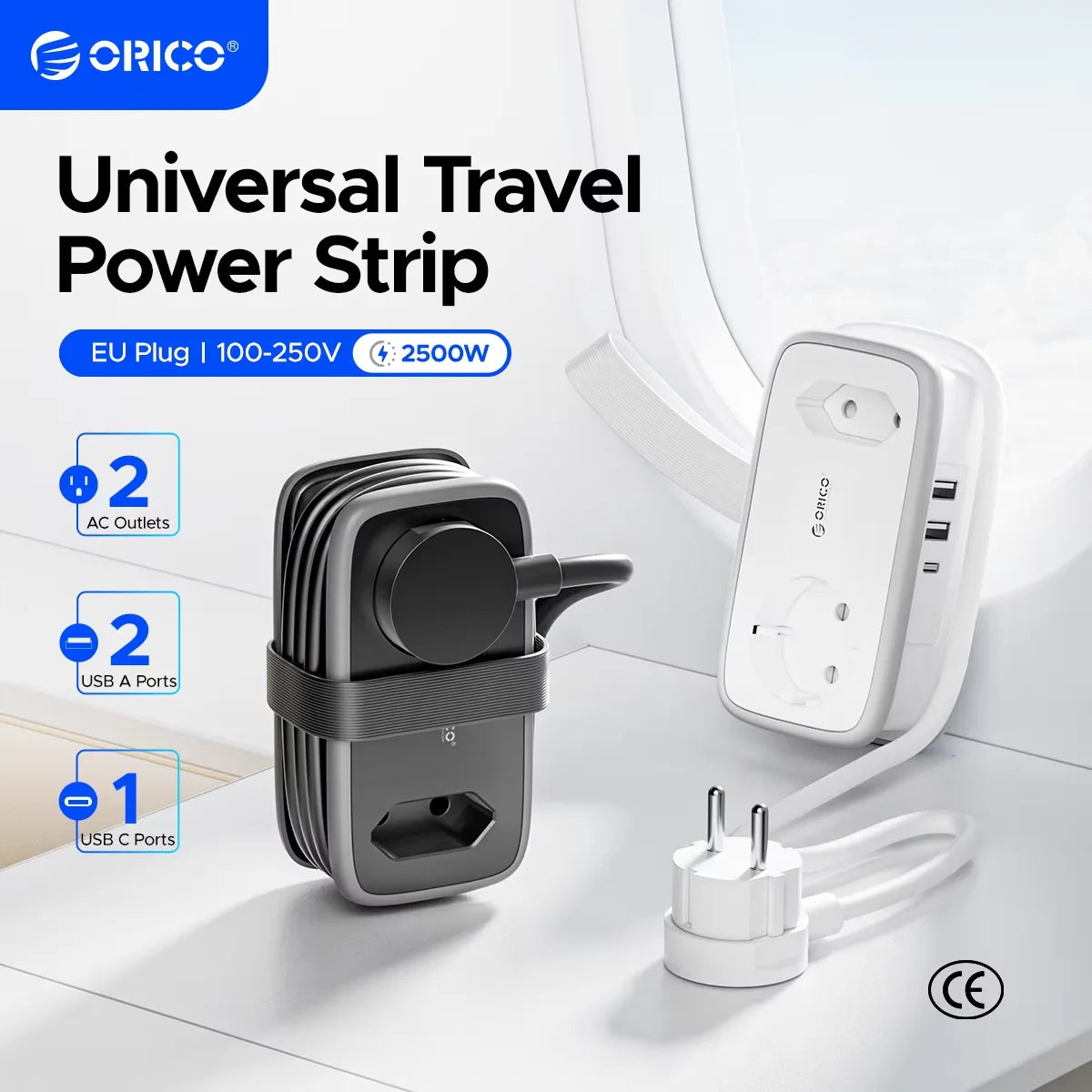 ORICO EU Travel Power Strip 5-in-1 | 2AC 3USB 1.1m Travel Power Strip PRIMED