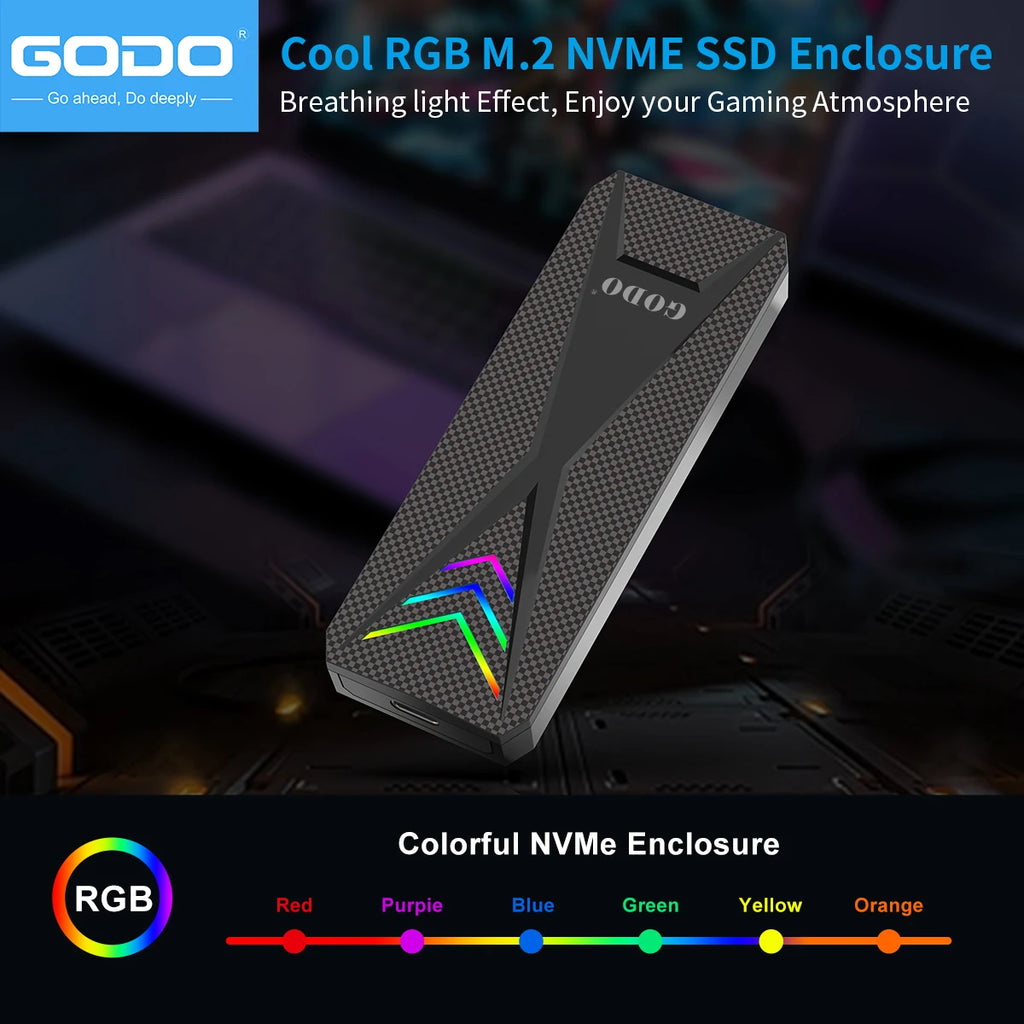 GODO RGB M.2 NVMe SATA SSD Enclosure USB-C Adapter | 10Gbps SSD Enclosure Adapter PRIMED