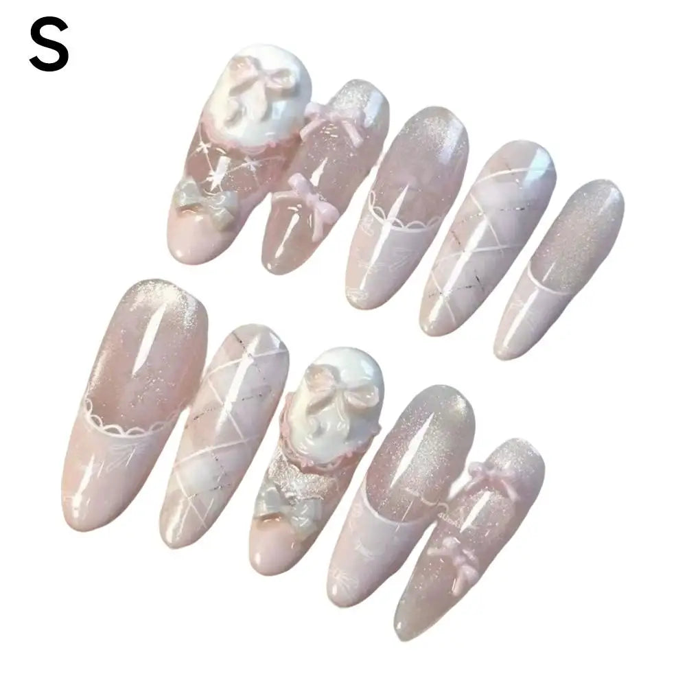 Ballet Pink Press-On Nails – Bow, Lace & Glitter Coffin Set