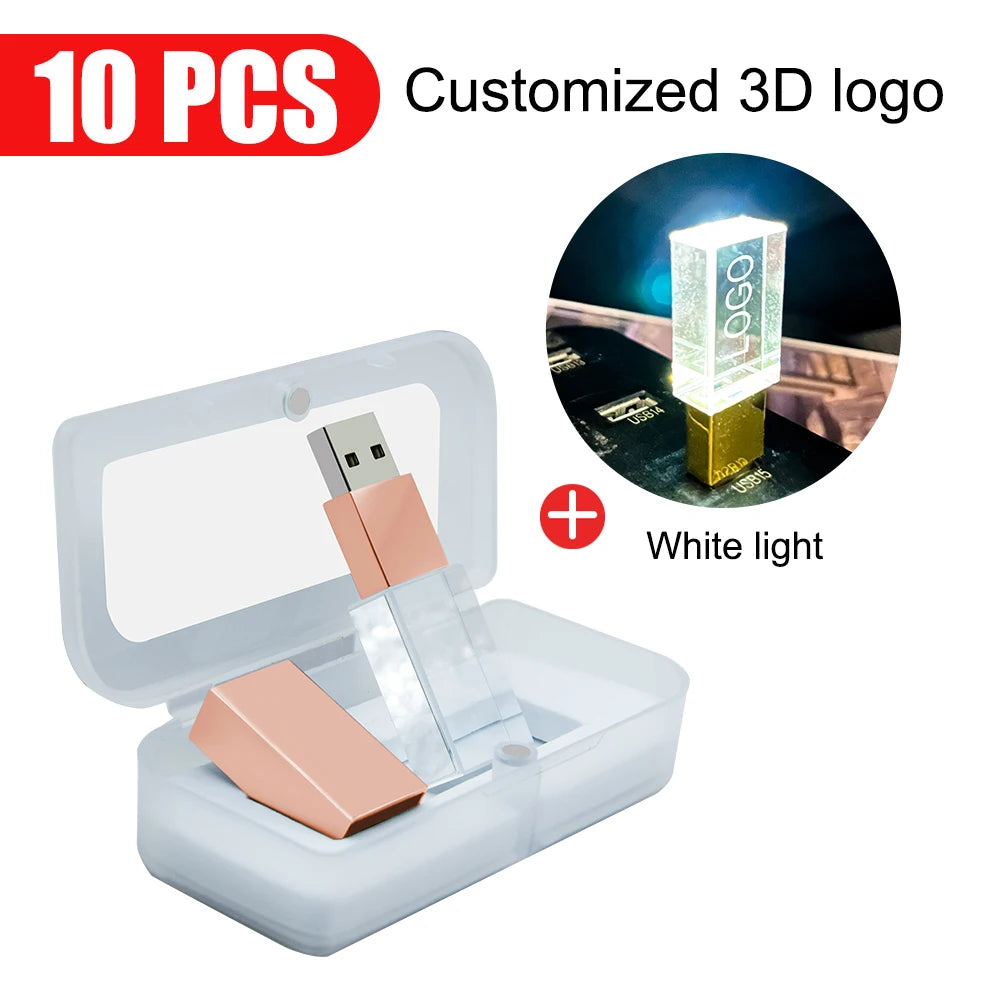 10-Pack 128GB Crystal LED USB Flash Drives | Free Custom Logo USB Flash Drive PRIMED 4GB Rose-White-box