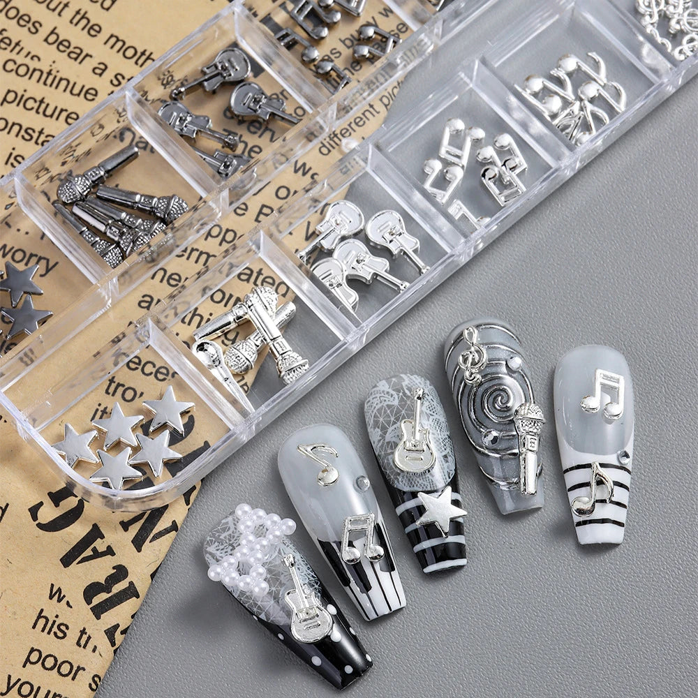 Music Note Guitar Nail Art Charms 12-Grid | Gold & Silver Nail Art Charms PRIMED
