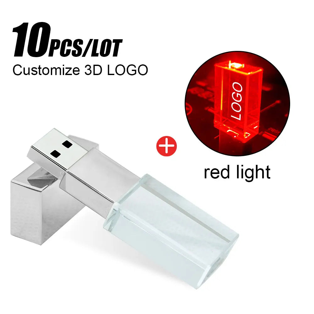 10-Pack Crystal USB 2.0 Flash Drive LED Light 4GB–128GB Logo USB Flash Drive PRIMED 32 GB Silver-Red
