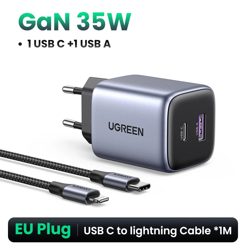 UGREEN 35W GaN Fast Charger USB-C PD & USB-A Dual Port GaN Wall Charger PRIMED EU Add iPhone Cable uzbekistan