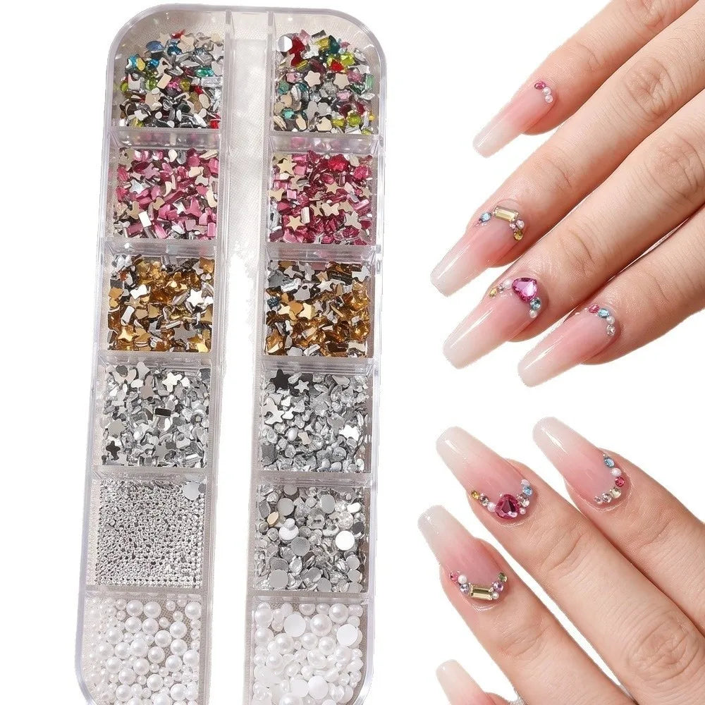 12-Grid Nail Rhinestone Kit – 3D Crystal Gems & Caviar Beads Nail Art Kit PRIMED
