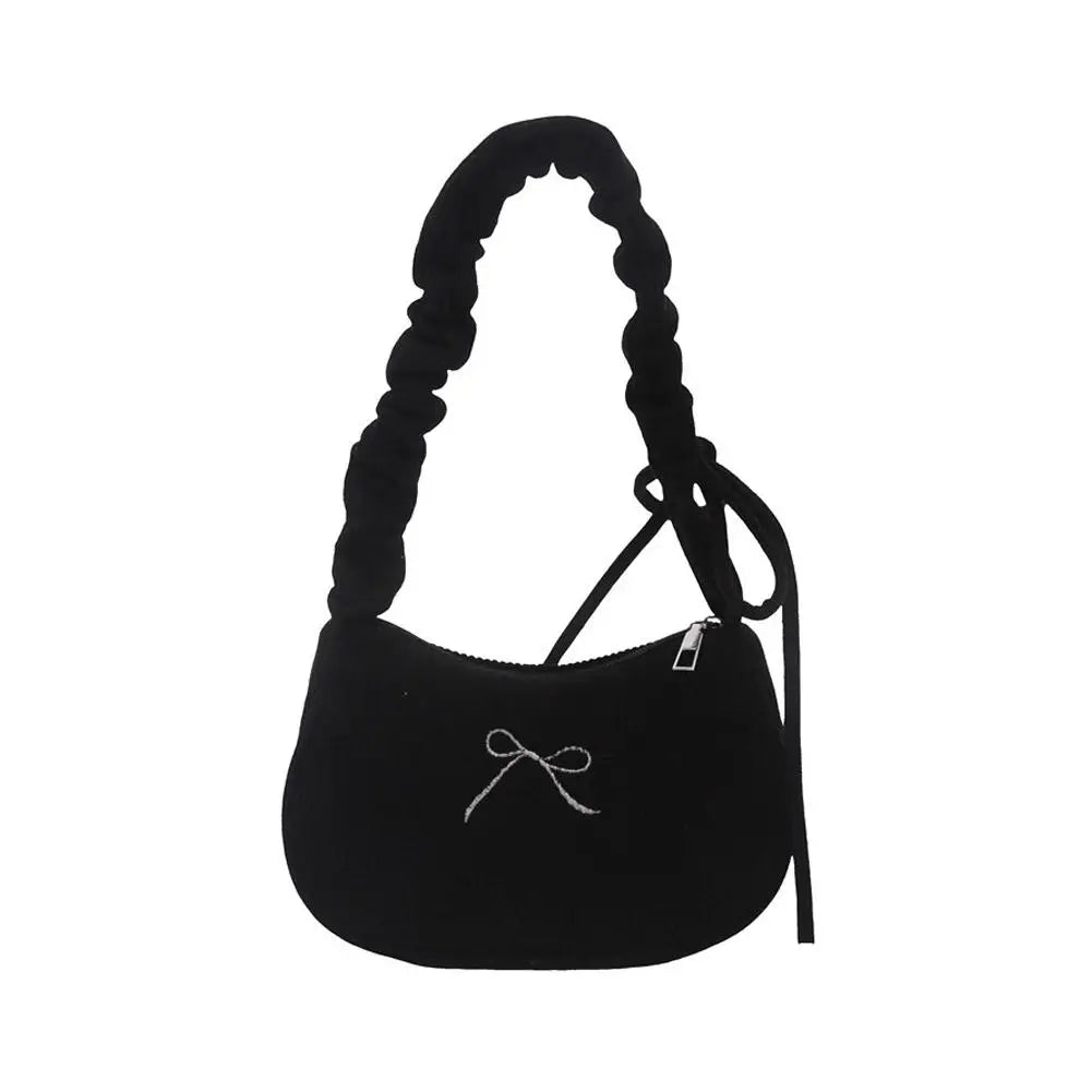 Women's Corduroy Ruched Shoulder Bag | Bow Accent Hobo Purse Shoulder Bag PRIMED Black