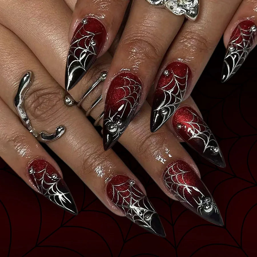Halloween Spider Web Press-On Nails Dark Red Long Tips 24 Pcs