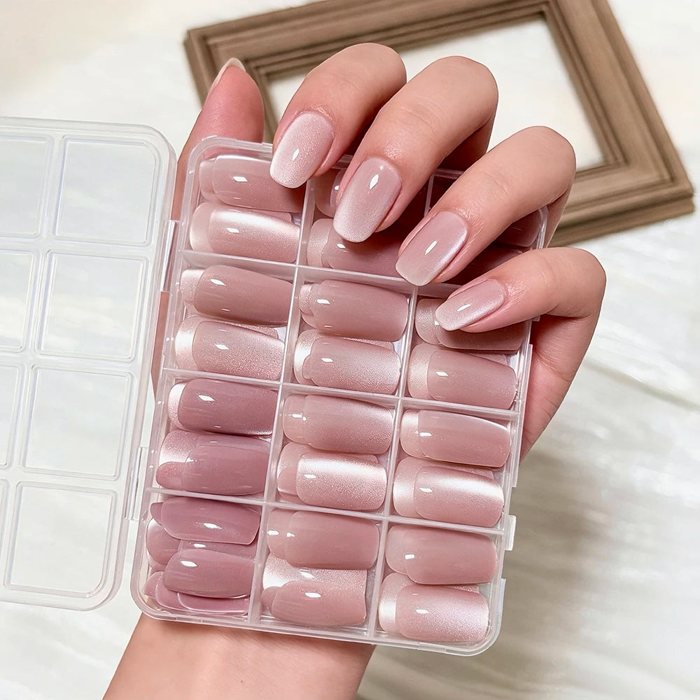 144Pcs Red Glitter Gradient Press On Nails – Wine Red French Tips
