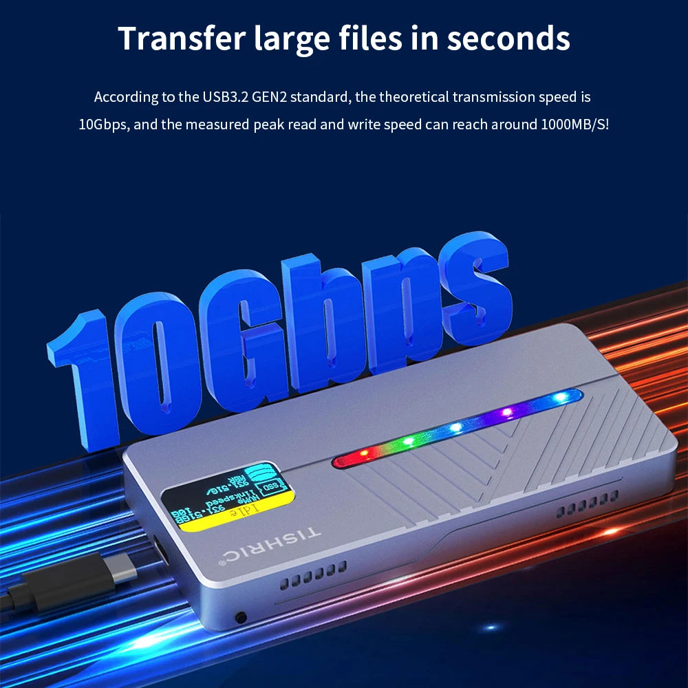 TISHRIC RGB M.2 NVMe NGFF SSD Enclosure USB-C 10Gbps 4TB SSD Hard Drive Enclosure PRIMED