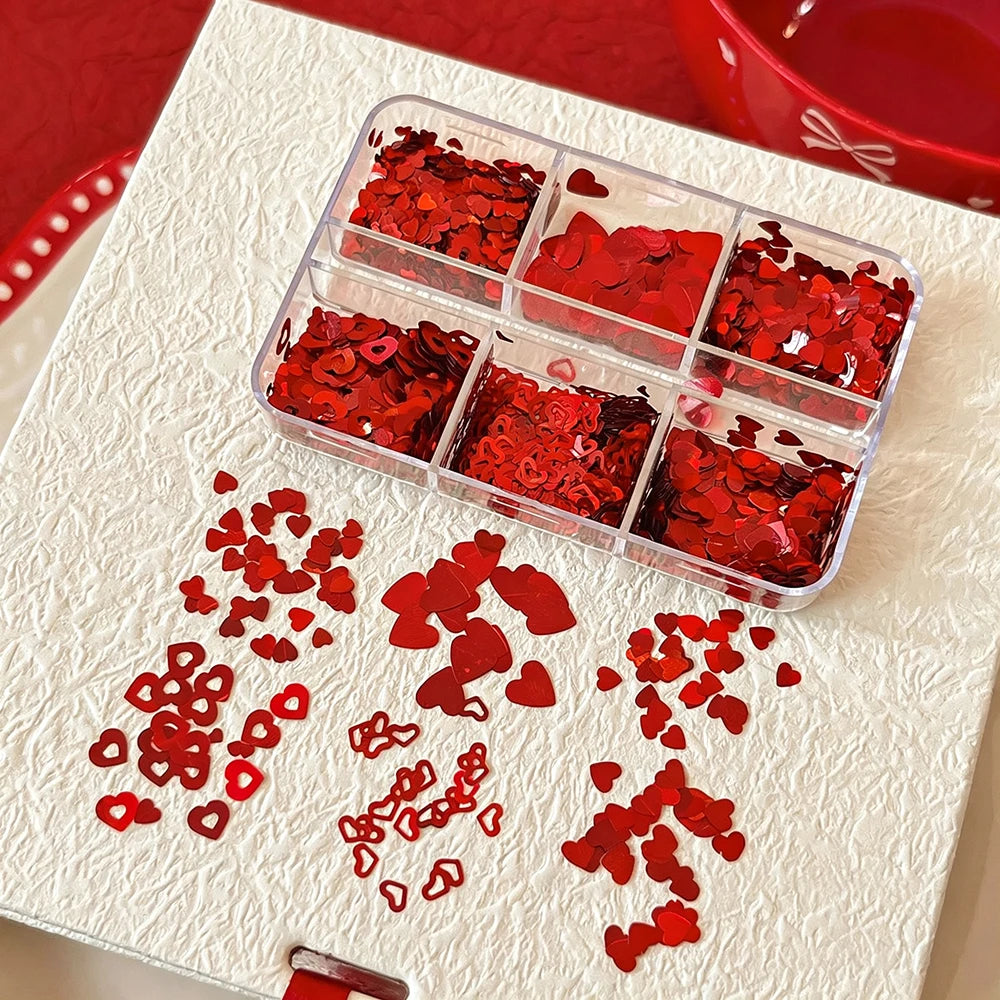 Red Heart Nail Sequins 6-Grid Box – Glitter Flakes Nail Art