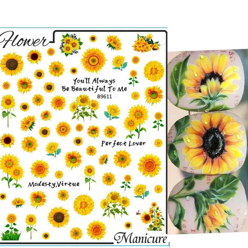 Sunflower Floral 3D Nail Art Water Transfer Decals Stickers