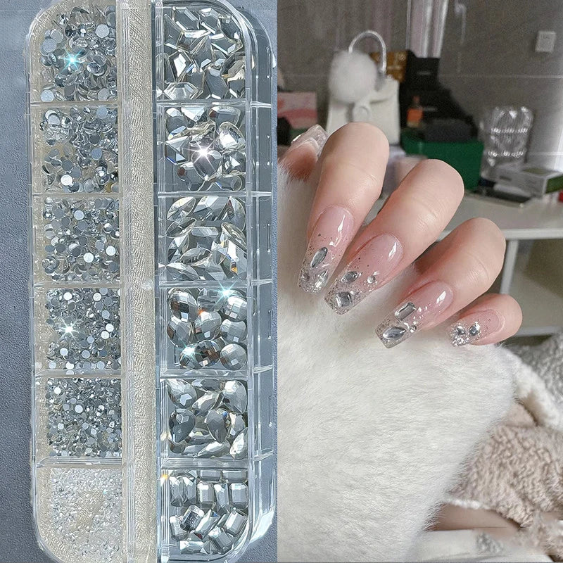 12-Grid Nail Rhinestones Set – Champagne Gold 3D Nail Gems Nail Art Rhinestones PRIMED