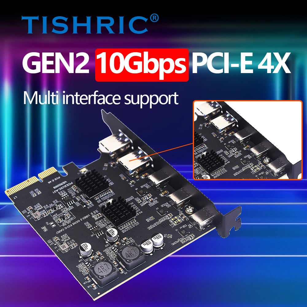 TISHRIC 10Gbps PCIe USB 3.2 Type-C Expansion Card 1–5 Port PCIe USB Expansion Card PRIMED